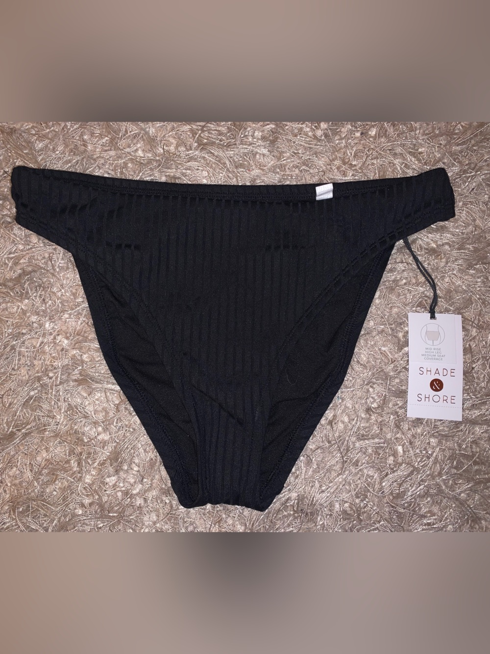 Shade & Shore Black Ribbed Bikini Bottom XS mid rise high leg